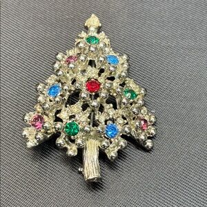 Silver Christmas Tree Brooch with Multicolor Gems